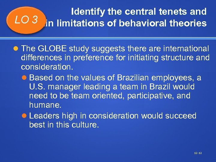 Identify the central tenets and LO main limitations of behavioral theories 3 The GLOBE