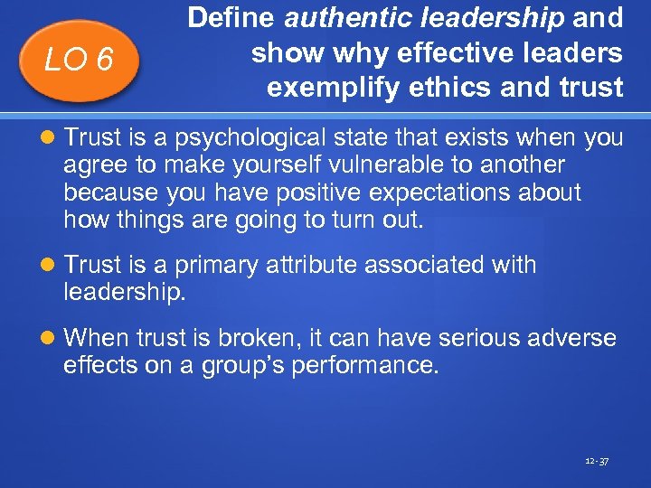 LO 6 Define authentic leadership and show why effective leaders exemplify ethics and trust