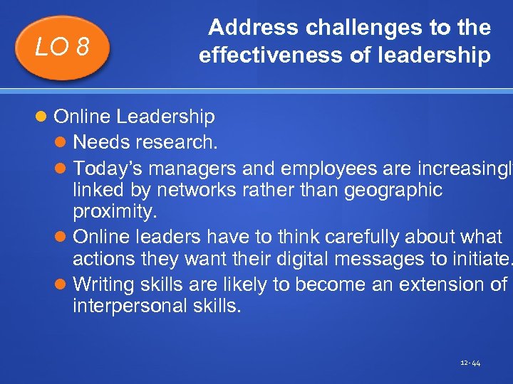 LO 8 Address challenges to the effectiveness of leadership Online Leadership Needs research. Today’s