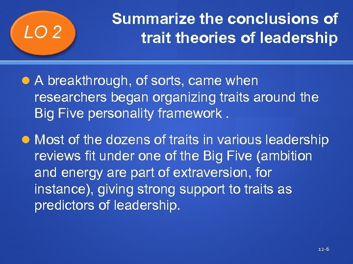 LO 2 Summarize the conclusions of trait theories of leadership A breakthrough, of sorts,