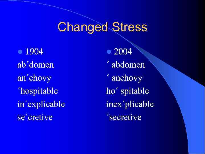 Changed Stress l 1904 l 2004 ab´domen an´chovy ´hospitable in´explicable se´cretive ´ abdomen ´