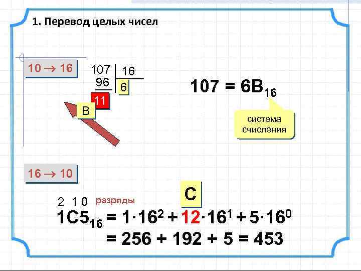 1. Перевод целых чисел 10 16 B 107 16 96 6 11 107 =
