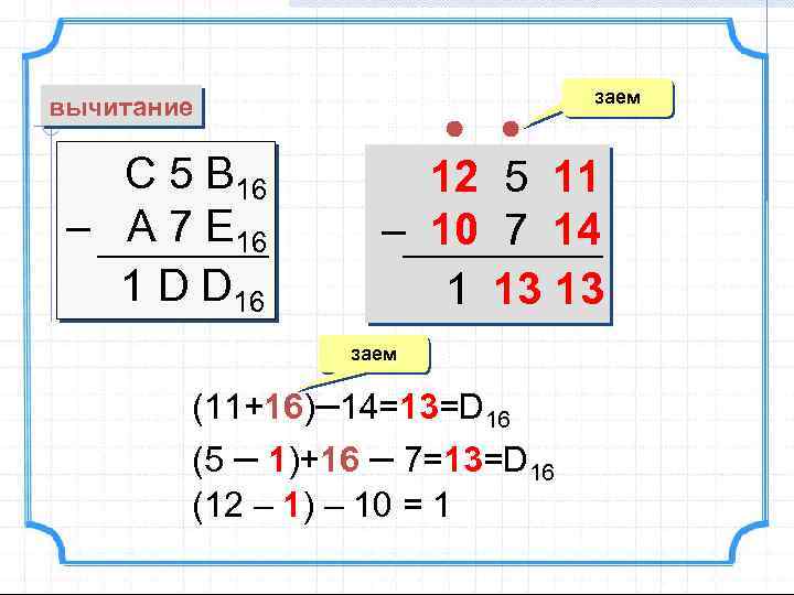 вычитание С 5 B 16 – A 7 E 16 1 D D 16