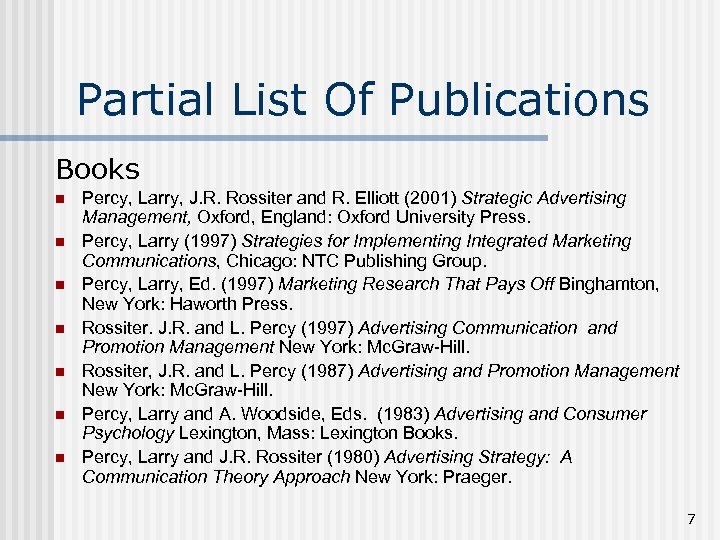 Partial List Of Publications Books n n n n Percy, Larry, J. R. Rossiter