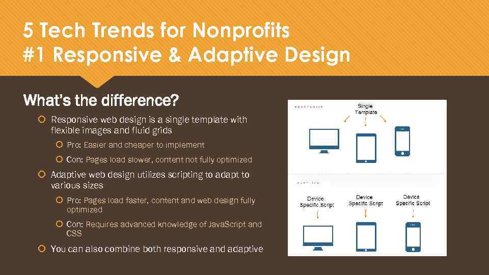 5 Tech Trends for Nonprofits #1 Responsive & Adaptive Design What’s the difference? Responsive