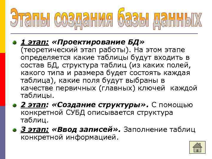 1 этап: «Проектирование БД» (теоретический этап работы). На этом этапе определяется какие таблицы будут