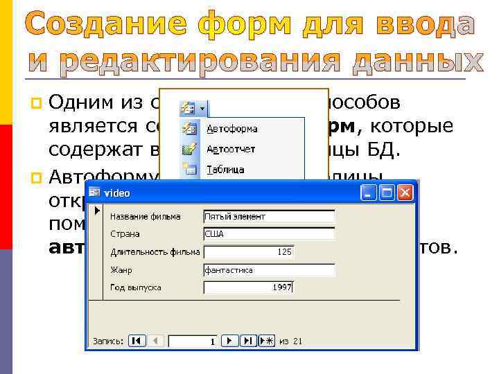 Одним из самых простых способов является создание автоформ, которые содержат все поля из таблицы