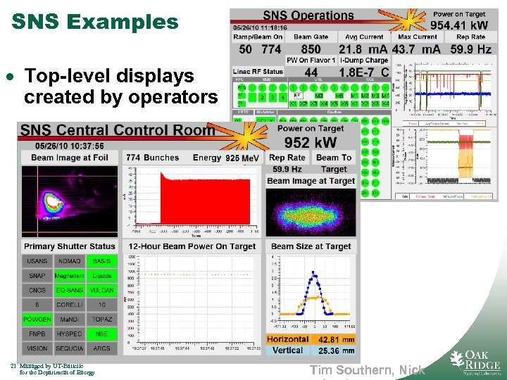 SNS Examples · Top-level displays created by operators 21 Managed by UT-Battelle for the