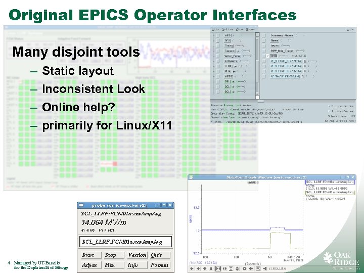 Original EPICS Operator Interfaces Many disjoint tools – – 4 Static layout Inconsistent Look