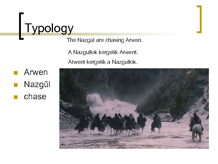Typology The Nazgǔl are chasing Arwen. A Nazgullok kergetik Arwent kergetik a Nazgullok. n