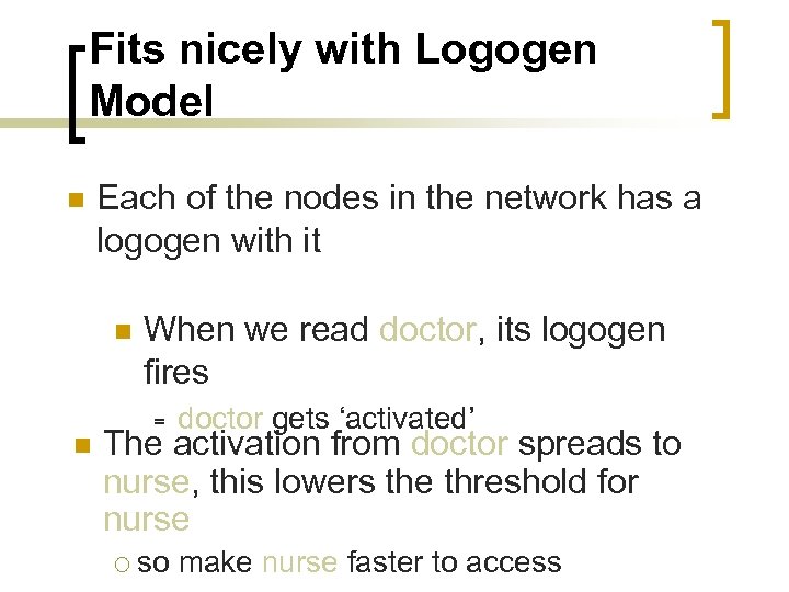 Fits nicely with Logogen Model n Each of the nodes in the network has