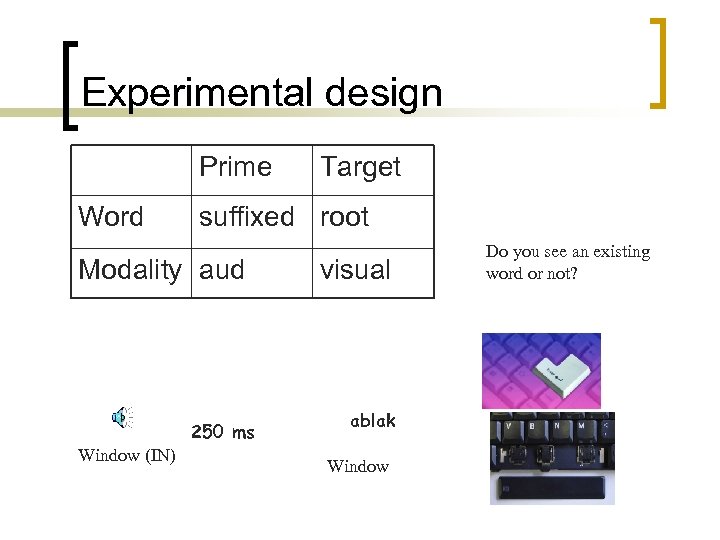 Experimental design Prime Word suffixed root Modality aud 250 ms Window (IN) Target visual