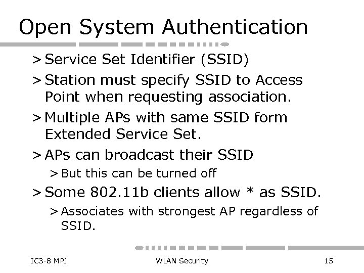 Open System Authentication > Service Set Identifier (SSID) > Station must specify SSID to