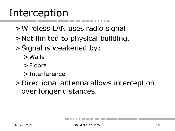 Interception > Wireless LAN uses radio signal. > Not limited to physical building. >