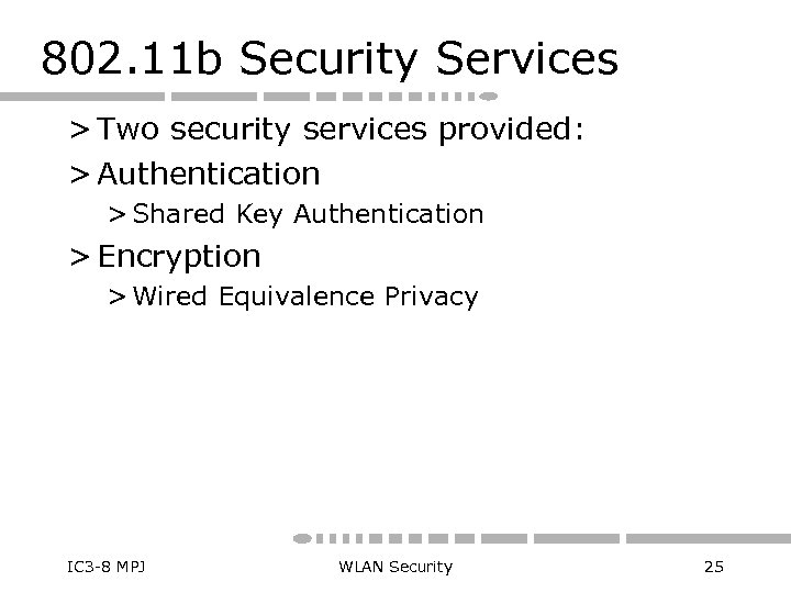 802. 11 b Security Services > Two security services provided: > Authentication > Shared