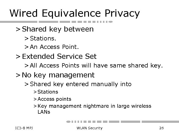 Wired Equivalence Privacy > Shared key between > Stations. > An Access Point. >
