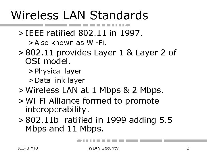 Wireless LAN Standards > IEEE ratified 802. 11 in 1997. > Also known as