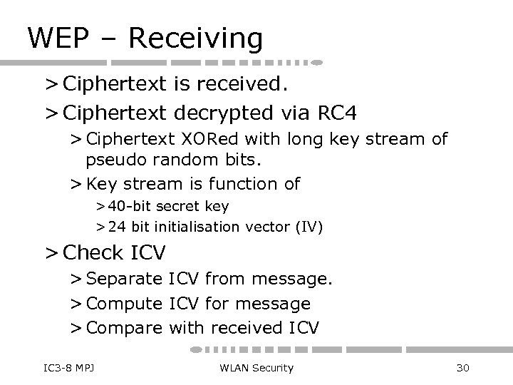 WEP – Receiving > Ciphertext is received. > Ciphertext decrypted via RC 4 >