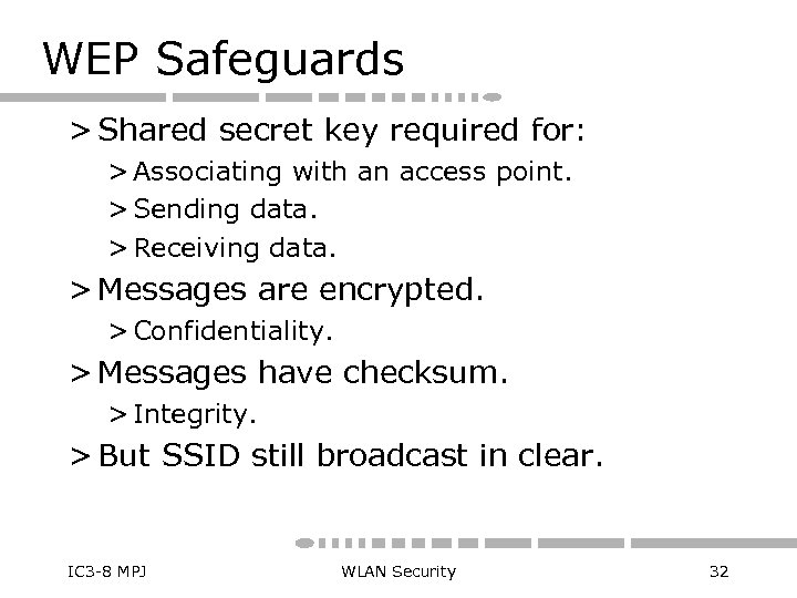 WEP Safeguards > Shared secret key required for: > Associating with an access point.