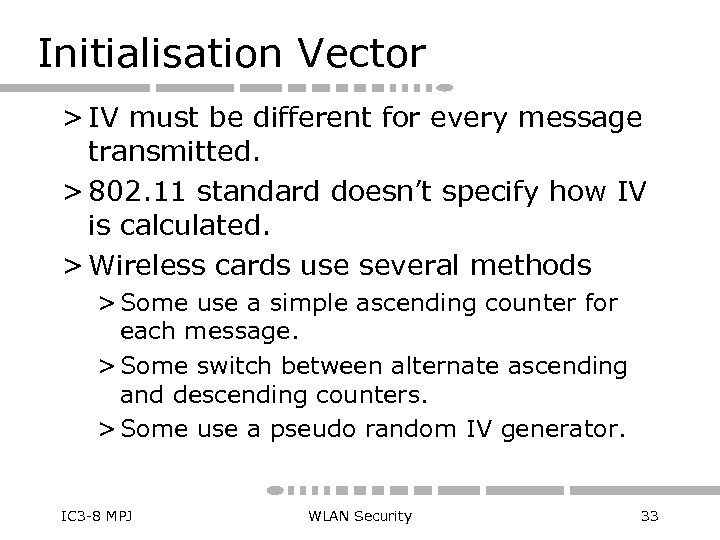 Initialisation Vector > IV must be different for every message transmitted. > 802. 11