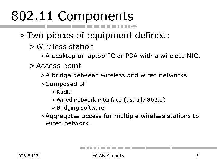 802. 11 Components > Two pieces of equipment defined: > Wireless station > A