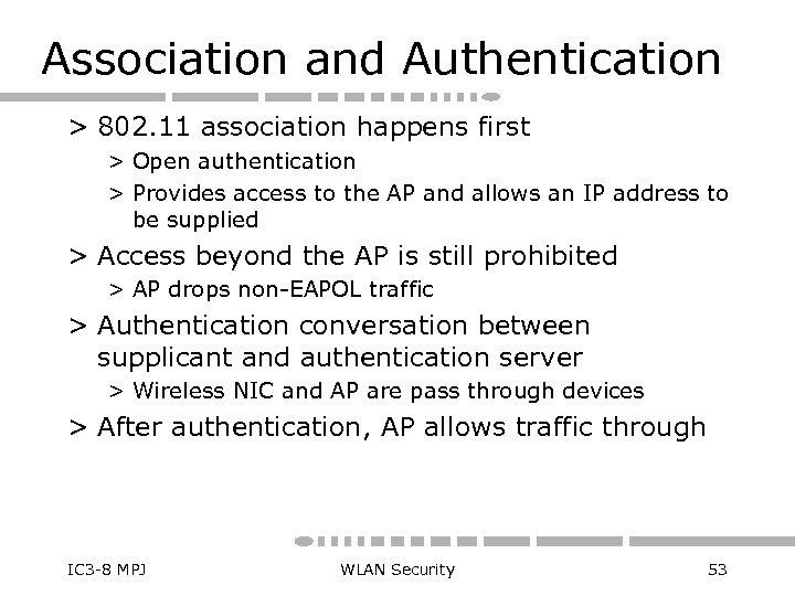 Association and Authentication > 802. 11 association happens first > Open authentication > Provides