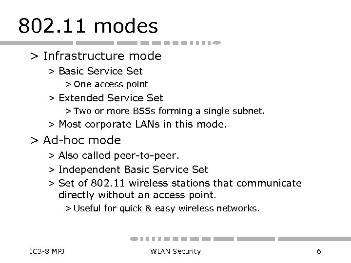 802. 11 modes > Infrastructure mode > Basic Service Set > One access point