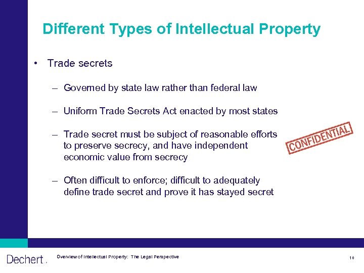 Different Types of Intellectual Property • Trade secrets – Governed by state law rather