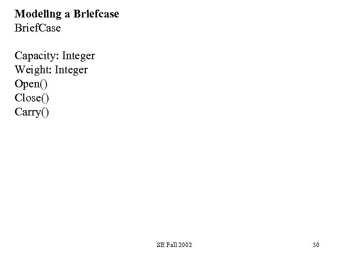 Modeling a Briefcase Brief. Case Capacity: Integer Weight: Integer Open() Close() Carry() SE Fall