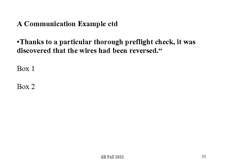 A Communication Example ctd • Thanks to a particular thorough preflight check, it was