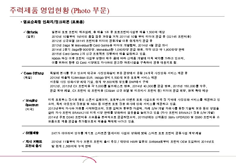 주력제품 영업현황 (Photo 부문) • 염료승화형 인화지/잉크리본 (포토용) ü Sinfonia (일본) ü Cewe Stiftung