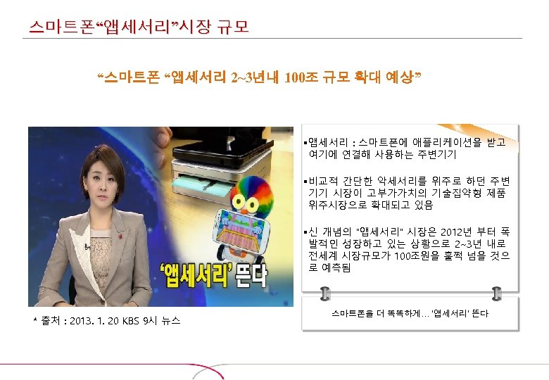 스마트폰“앱세서리”시장 규모 “스마트폰 “앱세서리 2~3년내 100조 규모 확대 예상” § 앱세서리 : 스마트폰에 애플리케이션을