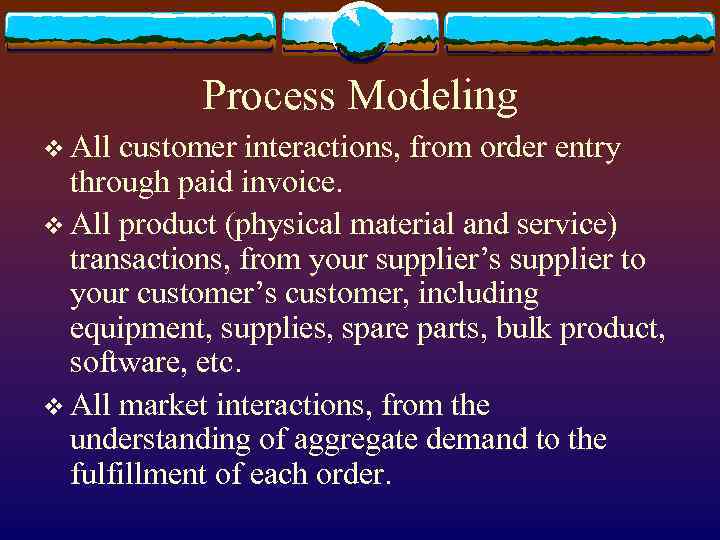 Process Modeling v All customer interactions, from order entry through paid invoice. v All