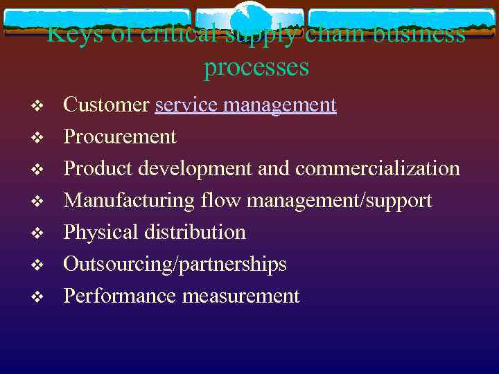 Keys of critical supply chain business processes v v v v Customer service management