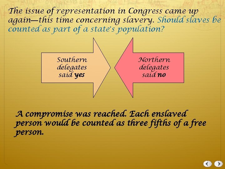 The issue of representation in Congress came up again—this time concerning slavery. Should slaves