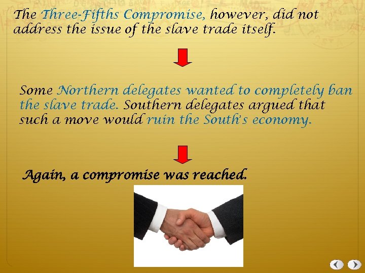 The Three-Fifths Compromise, however, did not address the issue of the slave trade itself.