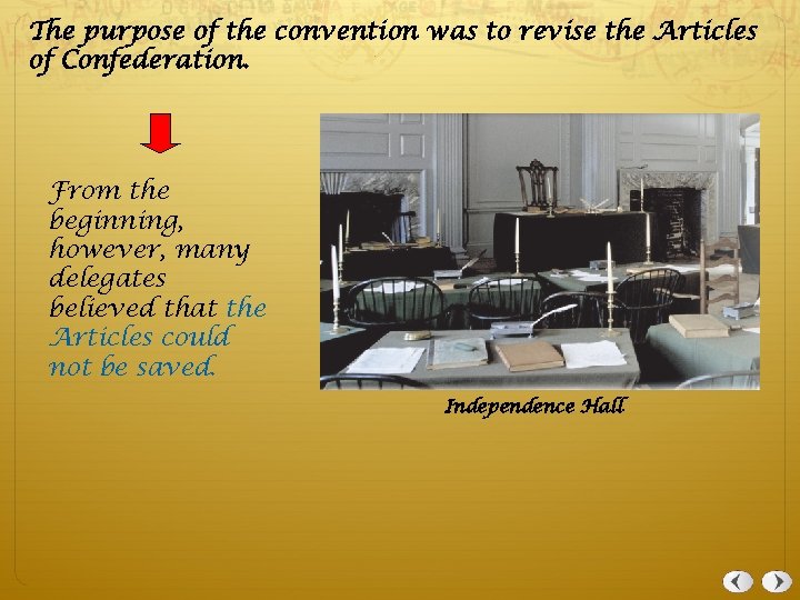 The purpose of the convention was to revise the Articles of Confederation. From the