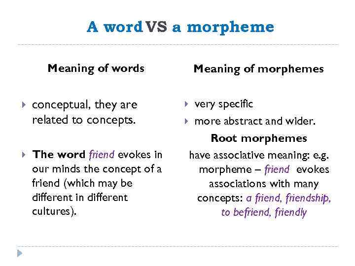 A word VS a morpheme Meaning of words conceptual, they are related to concepts.