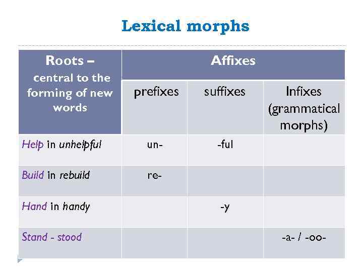 Lexical morphs Roots – central to the forming of new words Affixes prefixes suffixes