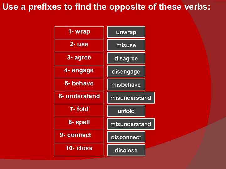 Use a prefixes to find the opposite of these verbs: 1 - wrap unwrap
