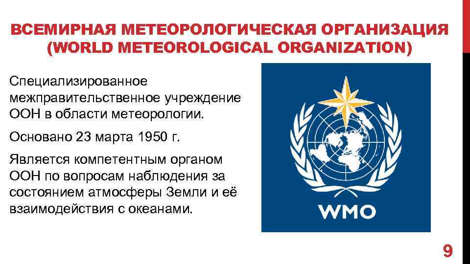 ВСЕМИРНАЯ МЕТЕОРОЛОГИЧЕСКАЯ ОРГАНИЗАЦИЯ (WORLD METEOROLOGICAL ORGANIZATION) Специализированное межправительственное учреждение ООН в области метеорологии. Основано