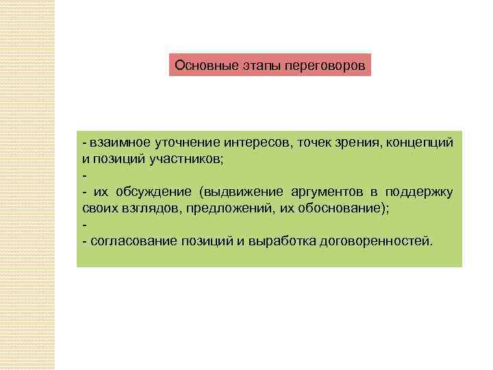 Основные этапы переговоров - взаимное уточнение интересов, точек зрения, концепций и позиций участников; -