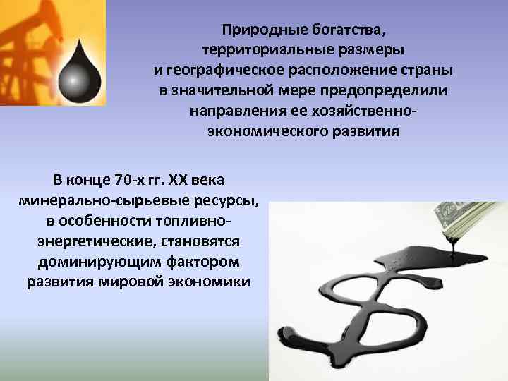 Природные богатства, территориальные размеры и географическое расположение страны в значительной мере предопределили направления ее