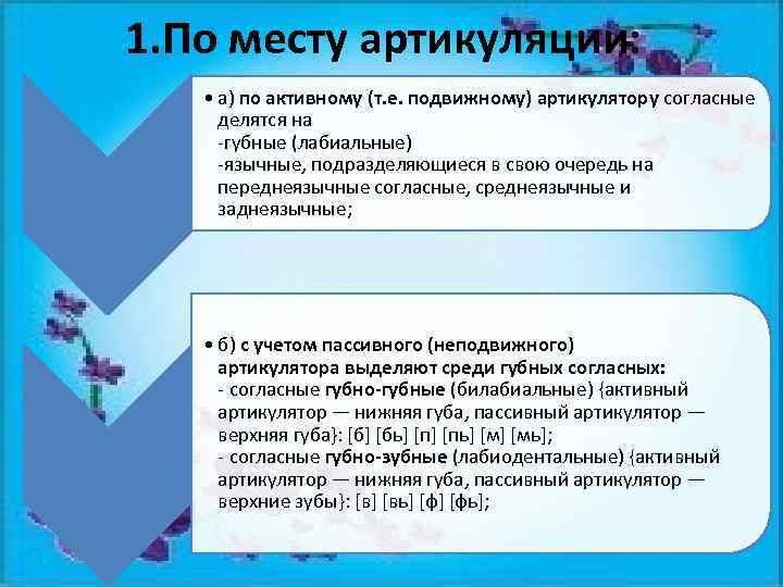 1. По месту артикуляции: • а) по активному (т. е. подвижному) артикулятору согласные делятся