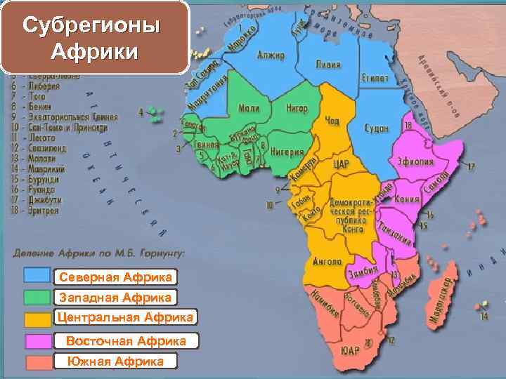 Субрегионы Африки Северная Африка Западная Африка Центральная Африка Восточная Африка Южная Африка 