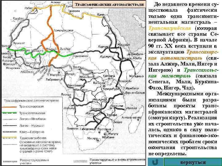 ТРАНСАФРИКАНСКИЕ АВТОМАГИСТРАЛИ До недавнего времени су ществовала фактически только одна трансконти нентальная магистраль –