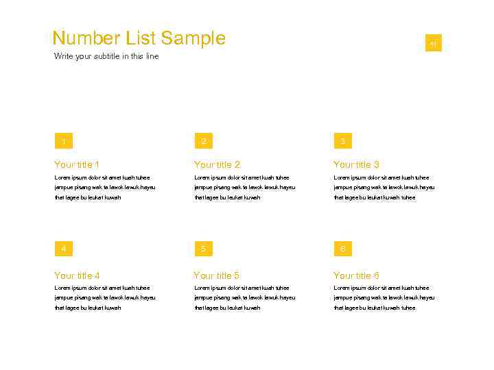 Number List Sample 01 41 Write your subtitle in this line 1 2 3