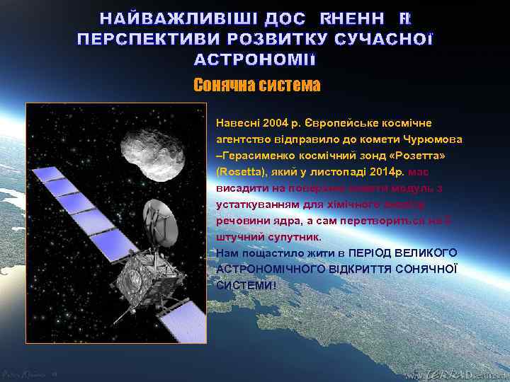 НАЙВАЖЛИВІШІ ДОСЯГНЕННЯ І ПЕРСПЕКТИВИ РОЗВИТКУ СУЧАСНОЇ АСТРОНОМІЇ Сонячна система Навесні 2004 р. Європейське космічне