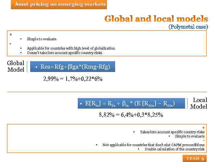 Asset pricing on emerging markets + • Simple to evaluate • • Applicable for