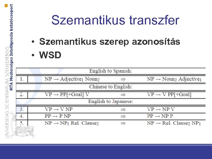 Szemantikus transzfer • Szemantikus szerep azonosítás • WSD 